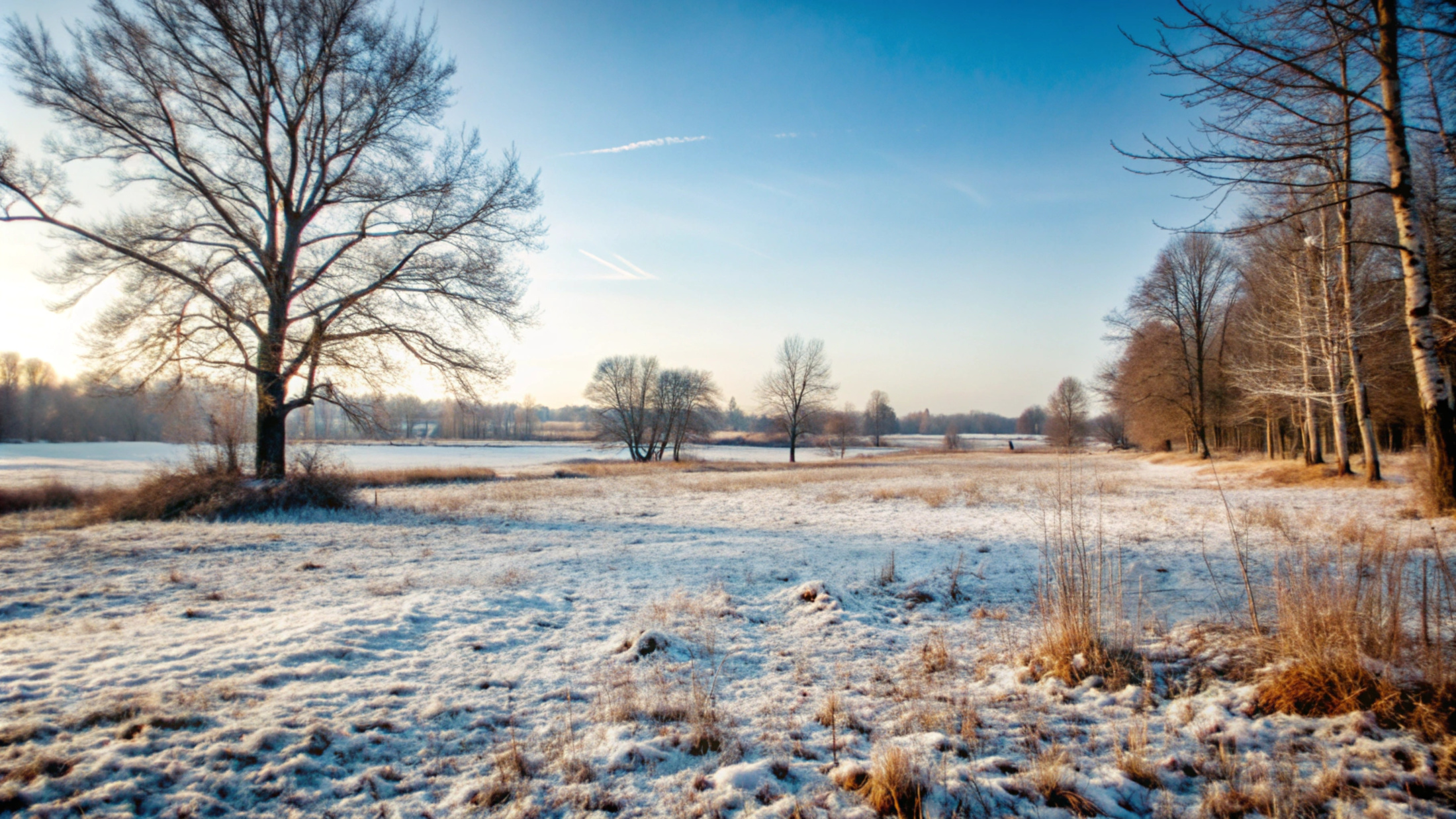 Frosty winter field with trees blue sky